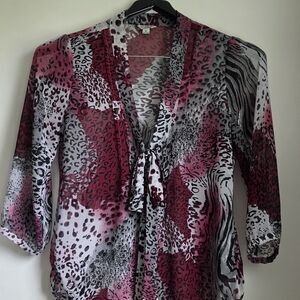 Guess Sheer Pink, White & Black Animal-Print Tie-Neck Blouse